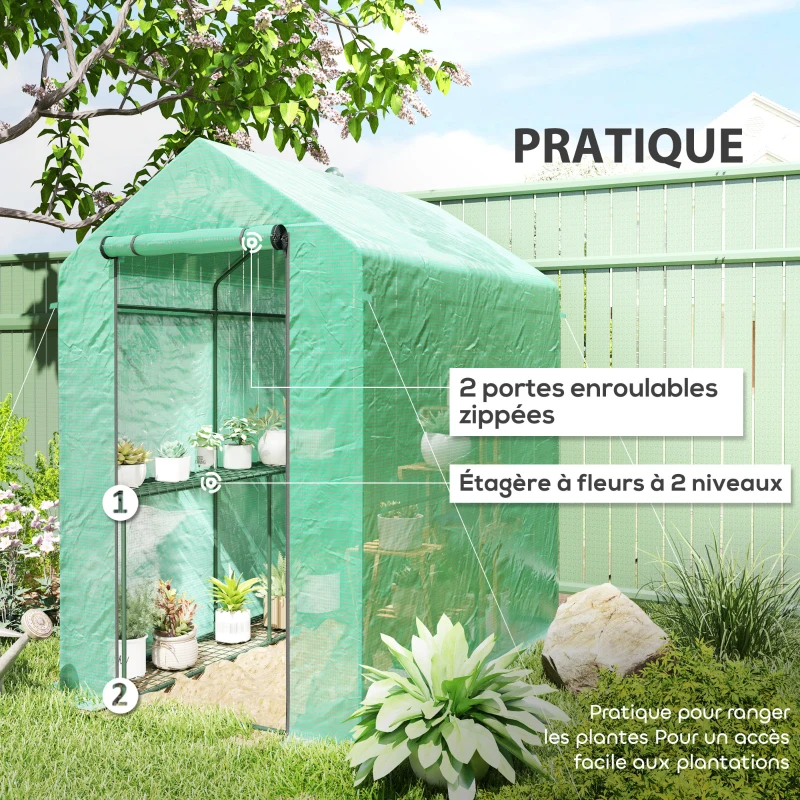 Outsunny Serre de jardin PE étagère 2 niveaux, serre de balcon, bâche renforcée 140 g/m², châssis en acier, 186x120x190cm, vert
