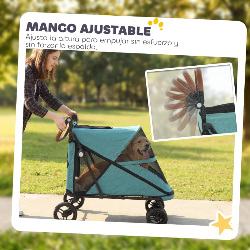 PawHut Carrito para Perros Plegable con un Botón hasta 30 kg con Suspensión en 4 Ruedas Giratorio y Freno de Pie Turquesa