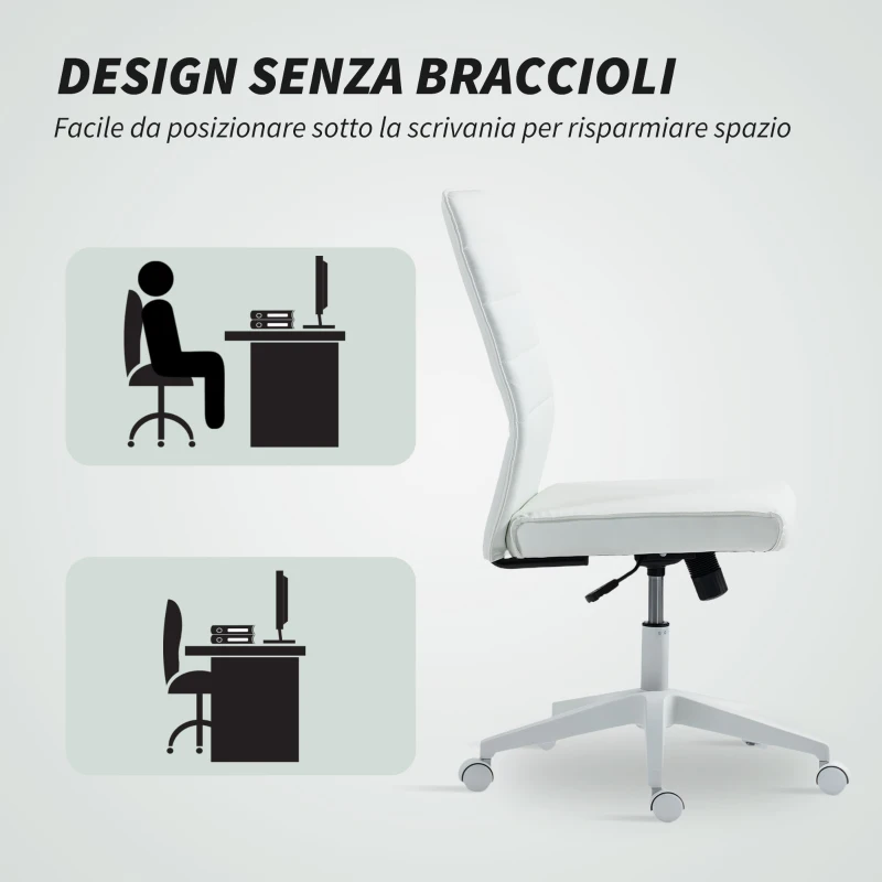 HOMCOM Sedia da Ufficio Ergonomica e Regolabile con Schienale Ricurvo, in Pelle PU e Acciaio, 58x53x97-107 cm, Bianco