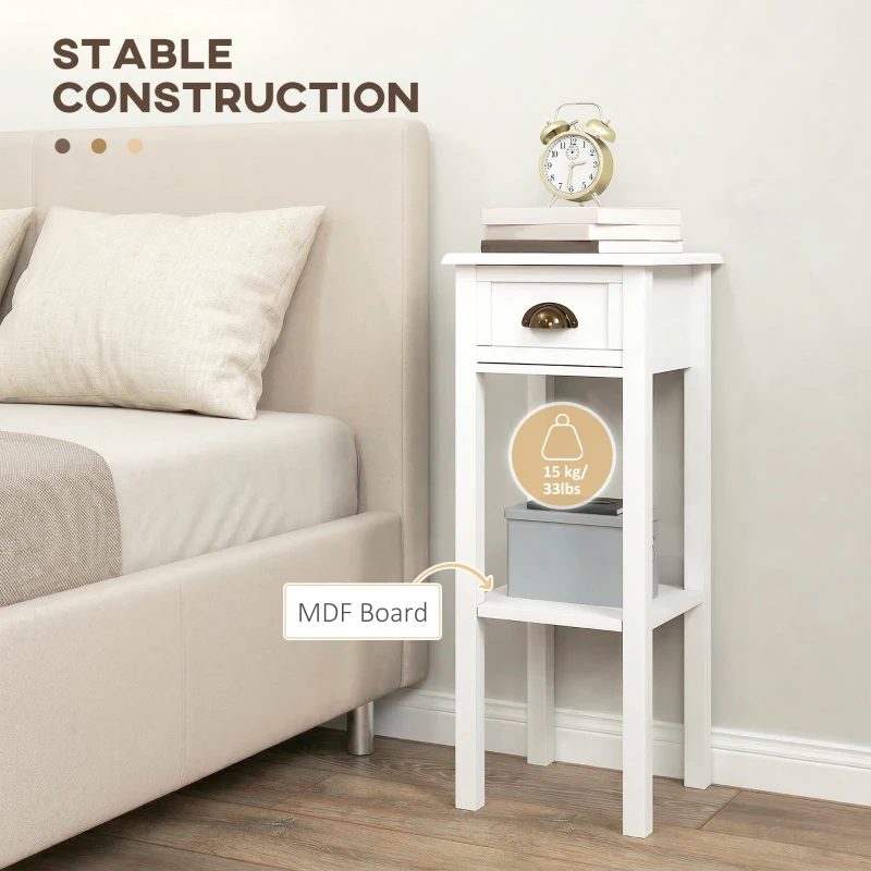 HOMCOM 2-Tier Side Tables Set of 2 with Drawer and Shelf, 2 Pieces Bedside Tables for Living Room and Hallway, White