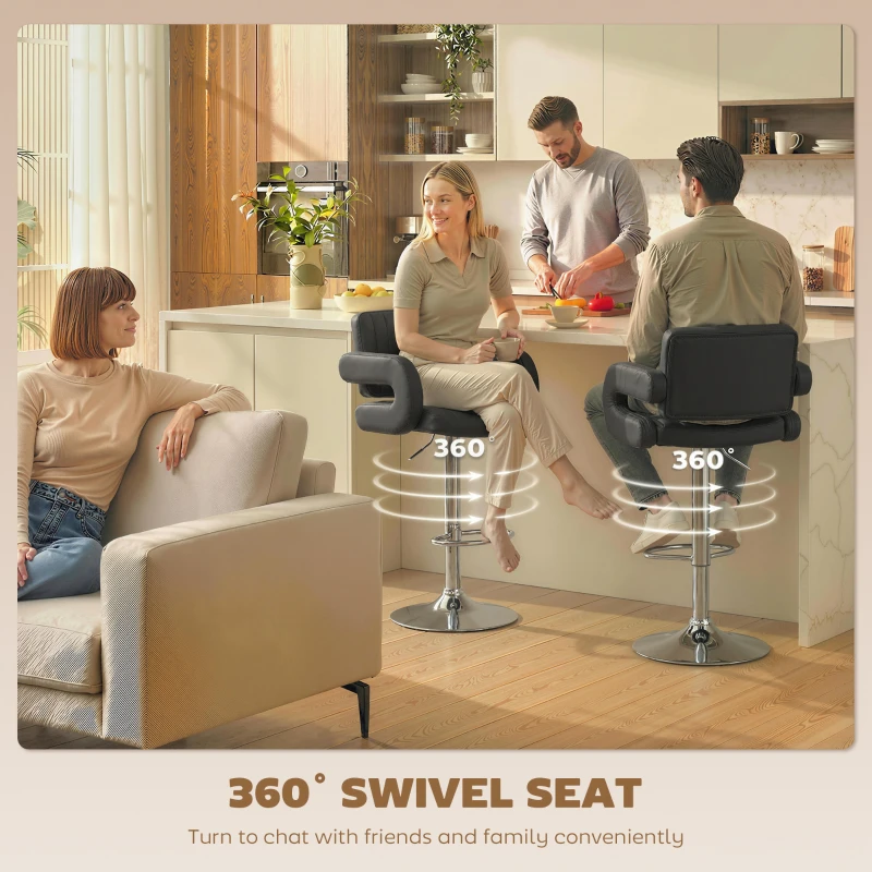 HOMCOM Bar Stools Adjustable Swivel Kitchen Chairs with Backrest Armrest Set of 2 PU Leather Black