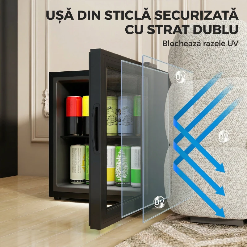 HOMCOM Frigider 46L, 59 Cutii, Ușă din Sticlă, Raft Temperat, LED, Touchscreen, pentru Bucătărie Birou Dormitor Bar, Negru