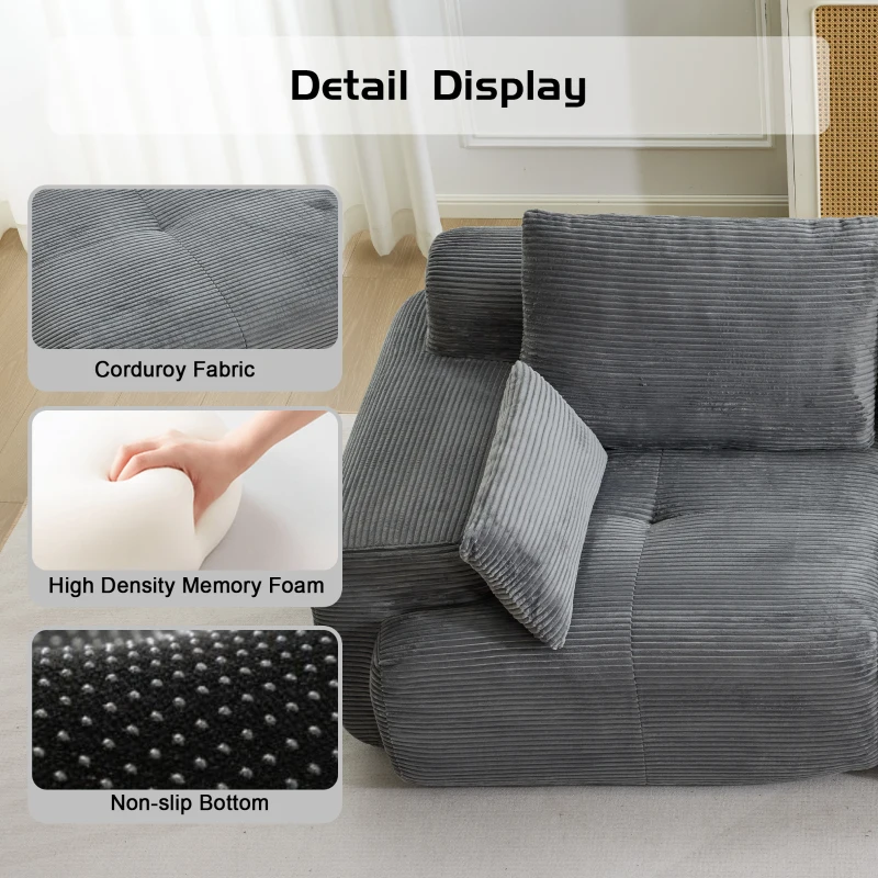 Modernes Sofa aus komprimiertem Memory-Schaum, 2-Sitzer, große Sofagarnitur für das Wohnzimmer, haustierfreundliches modulares Sofagarnitur Cloud, Cordstoff, extra tiefes Sofa, kein Zusammenbau erforderlich, Grau
