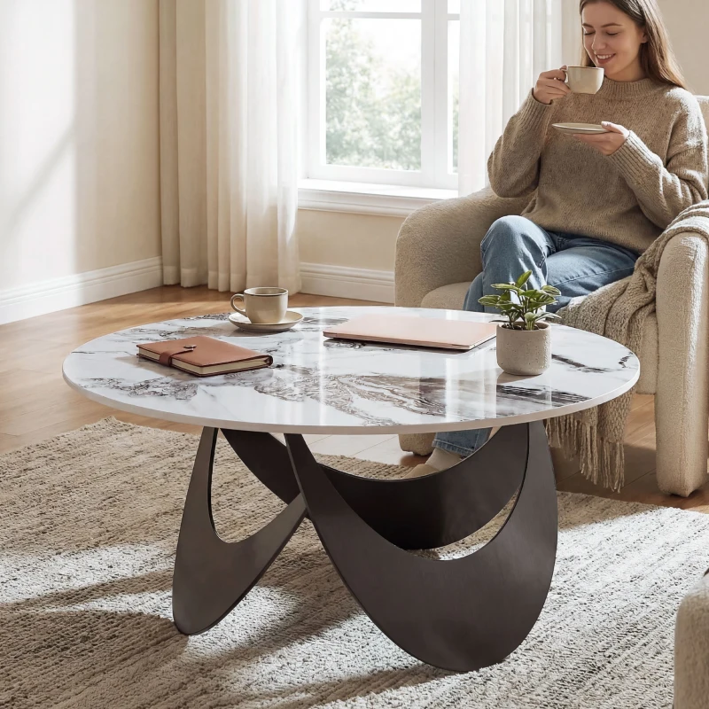 HOMCOM Coffee Table Sintered Stone Top Adjustable Foot Pads Modern Centre Table for Living Room White and Black