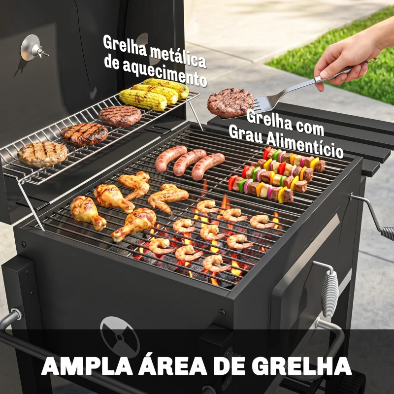 Outsunny Barbecue a Carvão com Rodas Tampa Grelhas de Aço Inoxidável Termômetro Bandeja Lateral e Prateleira 113x65x108 cm Preto
