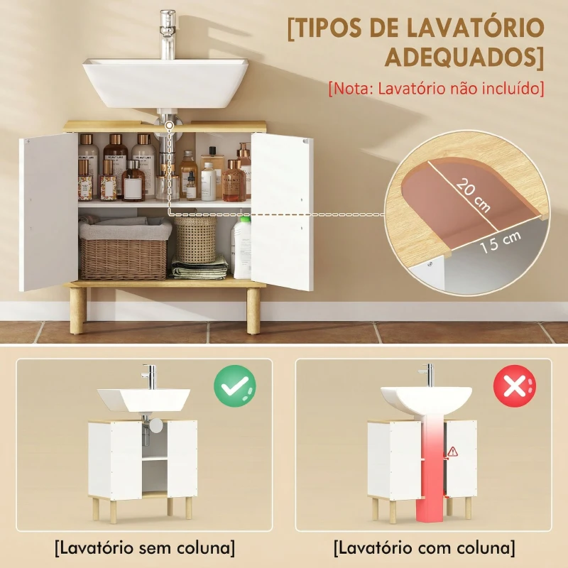 HOMCOM Móvel para Baixo do Lavatório com Prateleira Ajustável, Armário para Lavatório sem Pedestal com Portas Caneladas 60x30x61 cm Branco