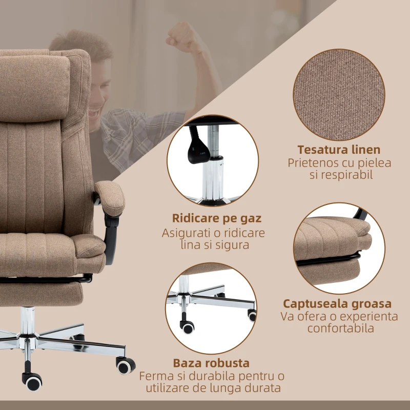 Vinsetto Scaun de Birou cu Masaj, Suport pentru Picioare și Telecomandă, din Material Textil cu Aspect de In, 65x61x108-118 cm, Maro(m-8)