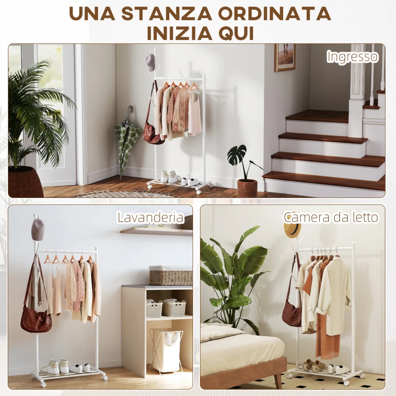 HOMCOM Stender Appendiabiti da Terra con Ruote, 5 Ganci e Ripiano Inferiore Porta Scarpe, Bianco