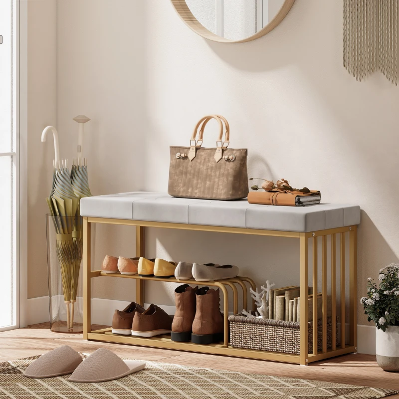 HOMCOM Bench and Shoe Storage, Tufted Shoe Storage Bench with Velvet Seat Cushion Gold Steel Frame for Entryway, Grey