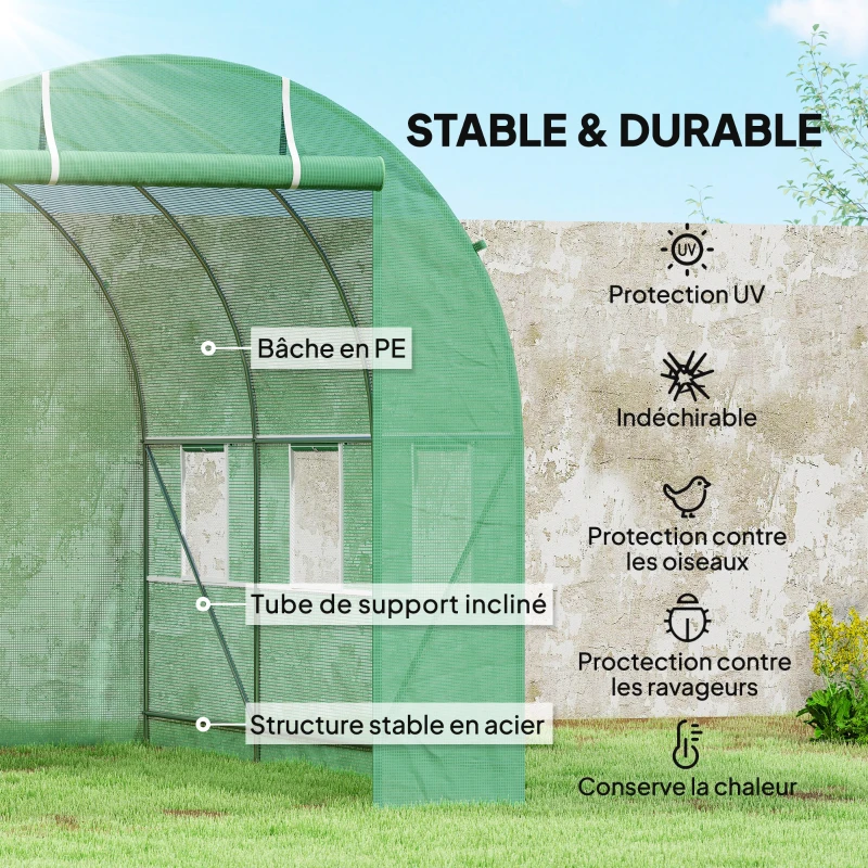 Outsunny Serre de Jardin Tunnel Surface Sol 7m² 3,5L x 2l x 2H m châssis Tubulaire renforcé Porte zippée 6 fenêtres enroulables Vert