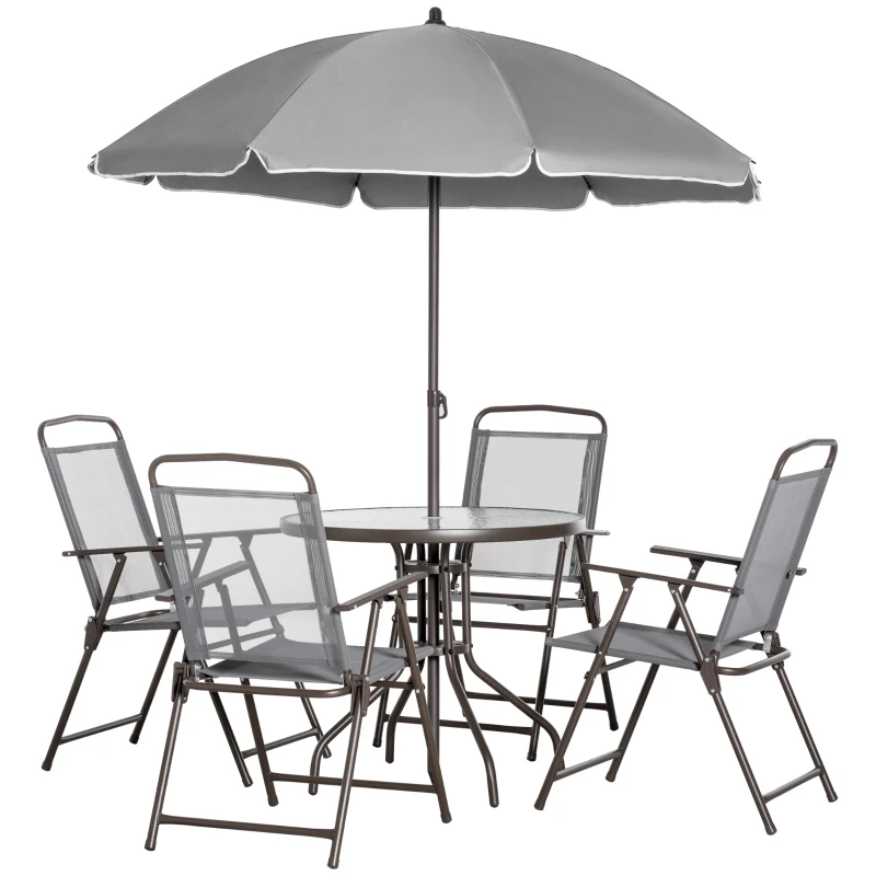 Outsunny 6 Piece Patio Dining Set with Umbrella, 4 Folding Dining Chairs & Round Tempered Glass Table for Garden, Backyard and Poolside, Grey