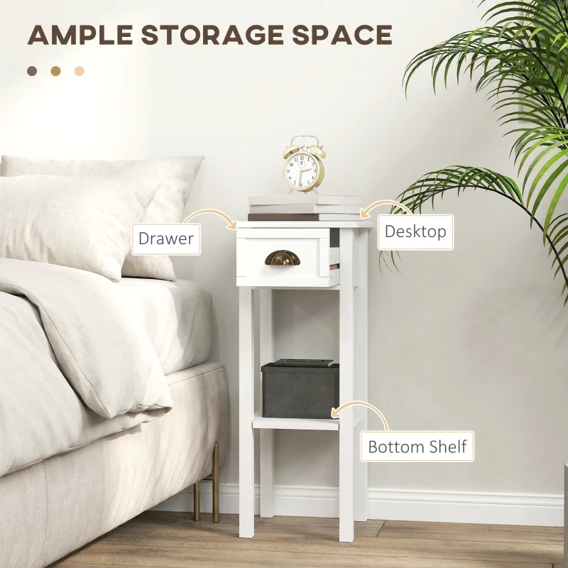 HOMCOM 2-Tier Side Tables Set of 2 with Drawer and Shelf, 2 Pieces Bedside Tables for Living Room and Hallway, White