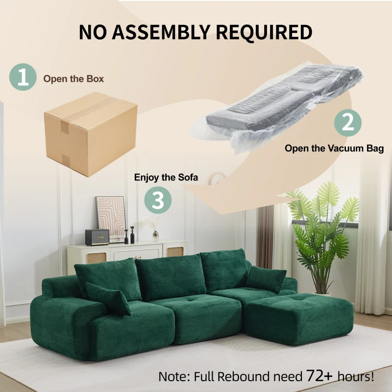 Modernes Sofa aus komprimiertem Memory-Schaumstoff, große Sofagarnitur für das Wohnzimmer, haustierfreundliches modulares Sofagarnitur Cloud, Cordstoff, kein Zusammenbau erforderlich, grün