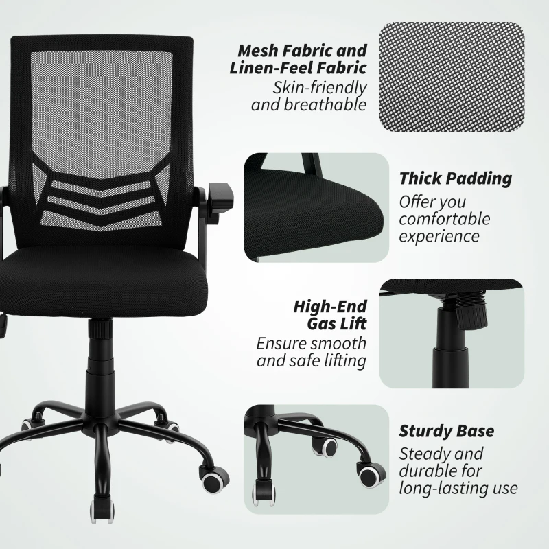 HOMCOM Modern Home Office Furniture Set, Computer Desk with Storage Shelf and Ergonomic Mesh Chair with Flip-Up Armrests, Lumbar Support, Adjustable Height, Rustic Brown and Black