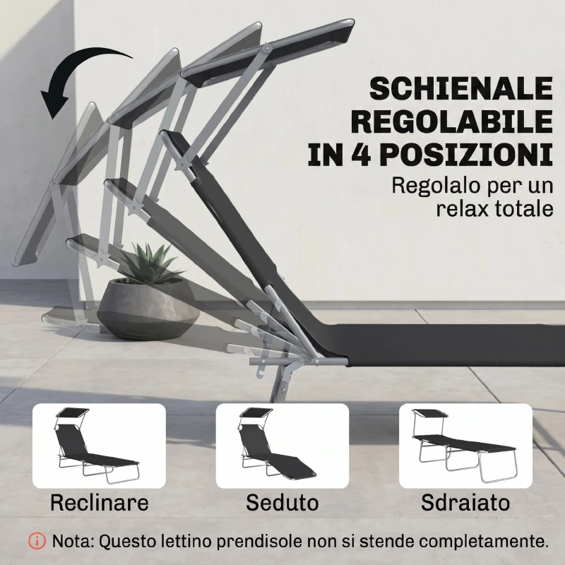 Outsunny Lettino Prendisole da Giardino Pieghevole e Regolabile con Tettuccio in Tessuto Nero, 187x58x50 cm