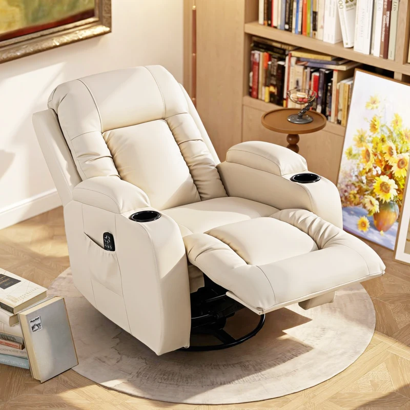 HOMCOM Poltrona Reclinabile Massaggiante e Riscaldata, 8 Punti Massaggio e 3 Modalità con Telecomando, Pelle PU, Crema