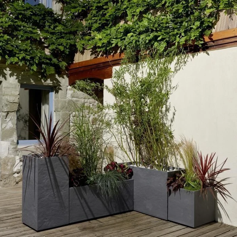 Jardiniere - EDA - Volcania - 98 L - Intérieur / Extérieur - Décor Pierre - 99,5 x 39 x H. 43 cm - Gris Anthracite