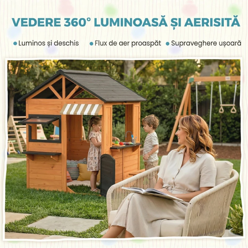 AIYAPLAY Căsuță de Grădină pentru Copii din Lemn de Brad, Căsuță pentru Exterior cu Bucătărie, 4 Ferestre, Ușă Parțială, Bancă, Raft și Acoperiș, pentru Copii 3-8 Ani, 171.5x146x156 cm, Maro