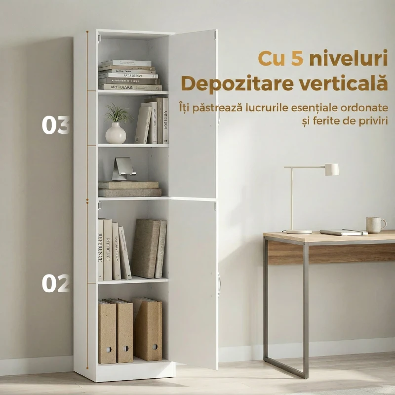 HOMCOM Bibliotecă Înaltă 180 cm, Raft Modern cu 5 Niveluri Reglabile, Mobilier Independent pentru Living, Dormitor, Birou, Alb