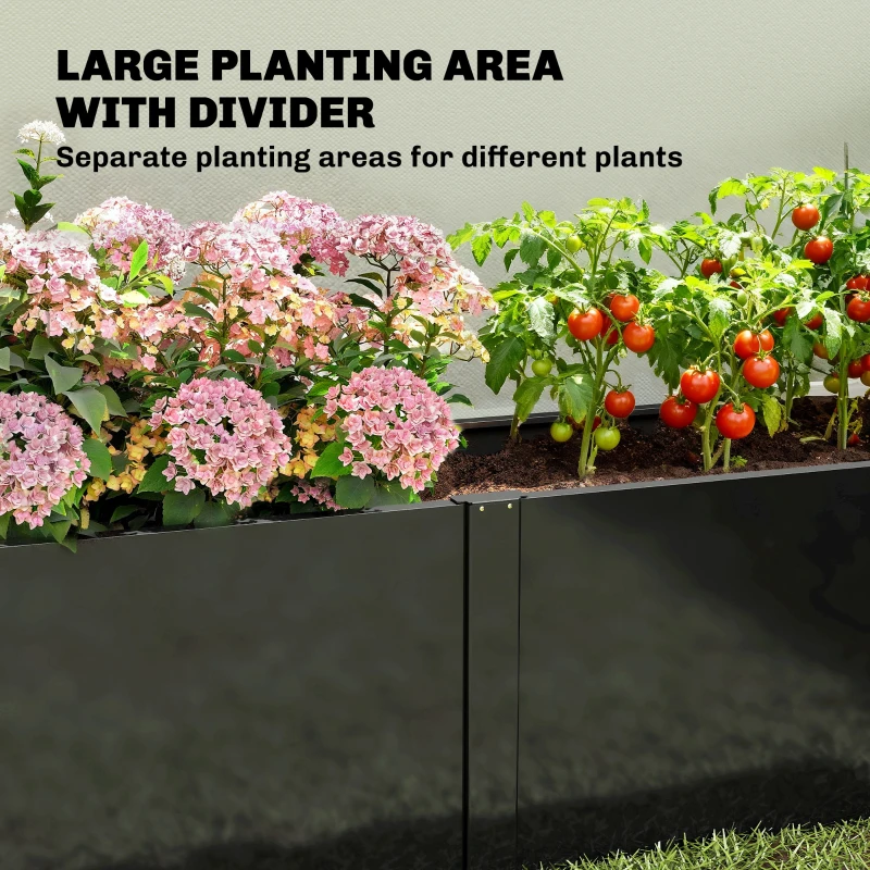 Outsunny Podwyższona Grządka z Ocynkowanej Stali 150 x 53 x 55 cm, Skrzynia na Rośliny z Przegrodą, Czarna