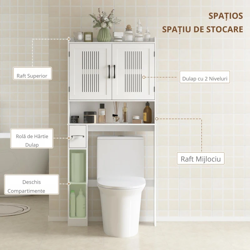 HOMCOM Mobilier WC deasupra toaletei mobilier baie cu dulap cu două uși și suport pentru hârtie 80x19,5x170cm alb