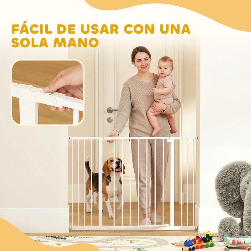 PawHut Barrera de Seguridad Extensible para Puertas y Escaleras para Perros y Bebé, Barrera para Mascotas, Ajuste a Presión, Apertura con Una Sola Mano, 2 Extensiones 15/10 cm, 76-107x76 cm, Blanco