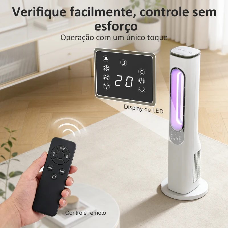 HOMCOM Ventoinha de Torre sem Pás com Luzes LED Controlo Remoto 3 Velocidades 3 Modos Temporizador 15H Oscilação 50° Branco