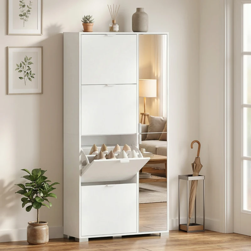 HOMCOM Scarpiera con Specchio, 4 Cassetti Ribalta, Scarpiera Ingresso, Bianco