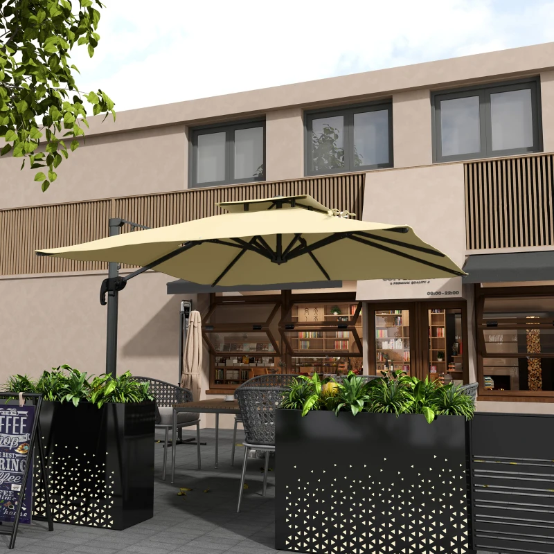Outsunny Parasol déporté 3 m carré rotatif à 360° avec mécanisme hydraulique toit à double base croisée mât en aluminium beige