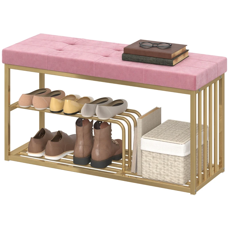 HOMCOM Bench and Shoe Storage, Tufted Shoe Storage Bench with Velvet Seat Cushion Gold Steel Frame for Entryway, Pink