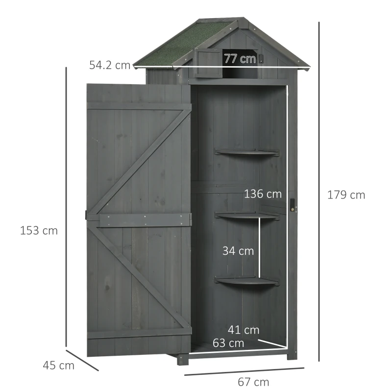 Outsunny Garden Shed Vertical Utility 3 Shelves Shed Wood Outdoor Garden Tool Storage Unit Storage Cabinet, 77 x 54.2 x 179cm - Grey(m-3)