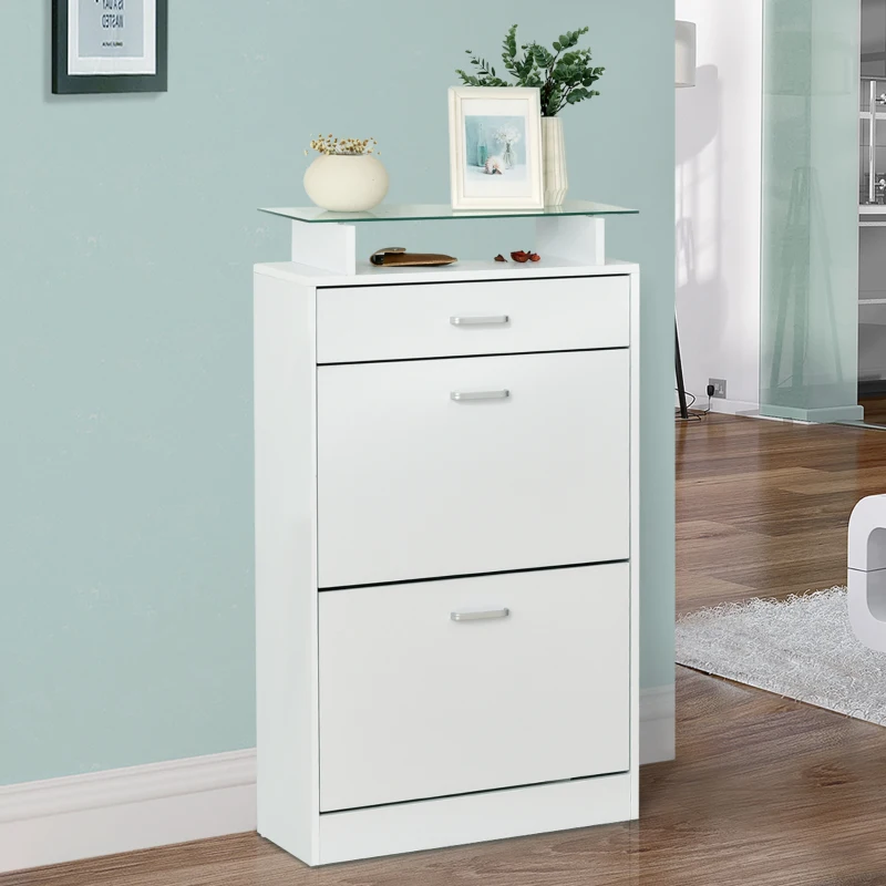 HOMCOM Armoire à Chaussures Meuble rangement Chaussures 2 Portes abattantes 2 Compartiments, tiroir, Plateau en Verre - Bois chêne Blanc