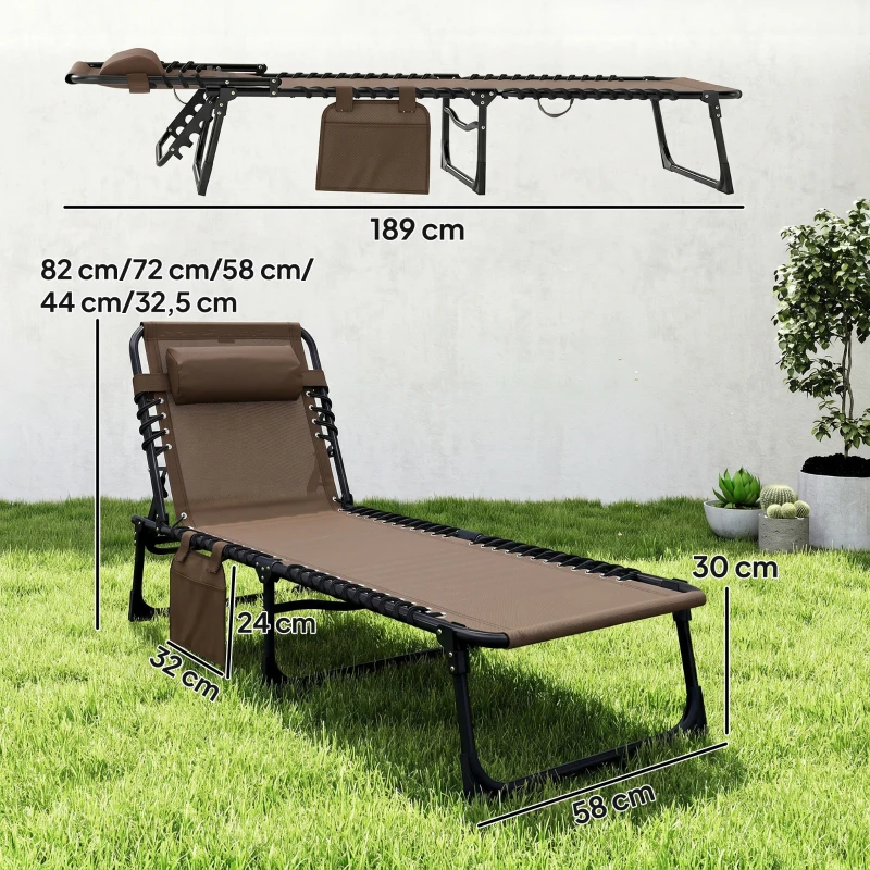 Outsunny Espreguiçadeira Dobrável de Jardim com Encosto Ajustável Apoio para Cabeça Acolchoado Bolso Lateral 185x58x30 cm Marrom