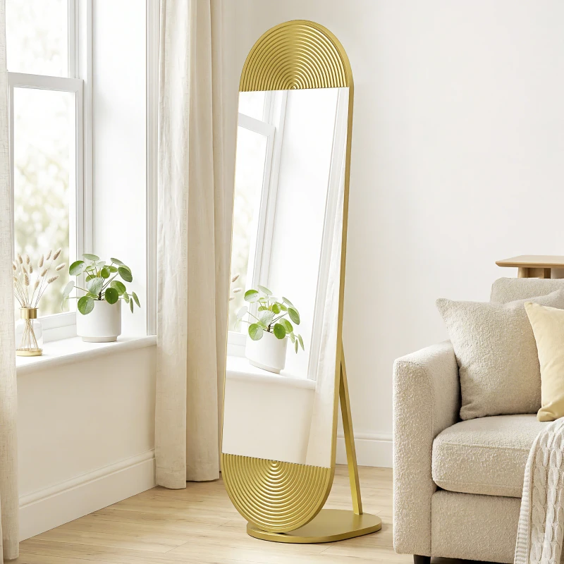 HOMCOM 50 x 161 cm Wavy Full Length Mirror, Free Standing Mirror with Metal Frame and Solid Base, Gold Tone