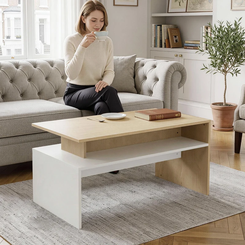 HOMCOM Mesa Baixa para Sala de Estar com Compartimento 95x55x50 cm Madeira e Branco