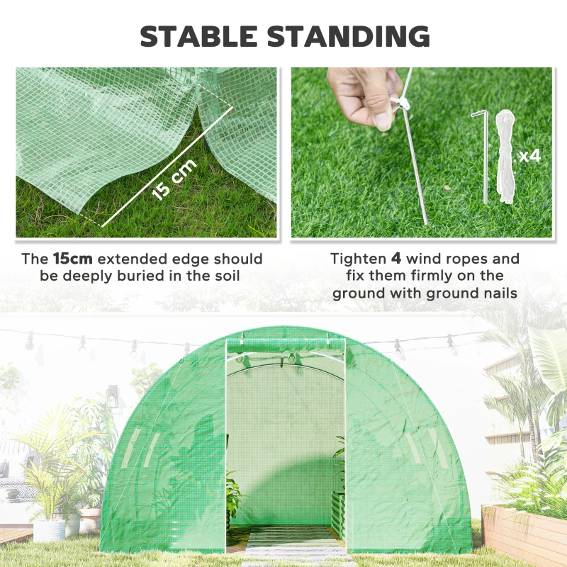 Outsunny Tunnel garden greenhouse 9 m² 4 windows, roll-up zippered door galvanized steel frame, PE cover 300 x 300 x 200 cm green