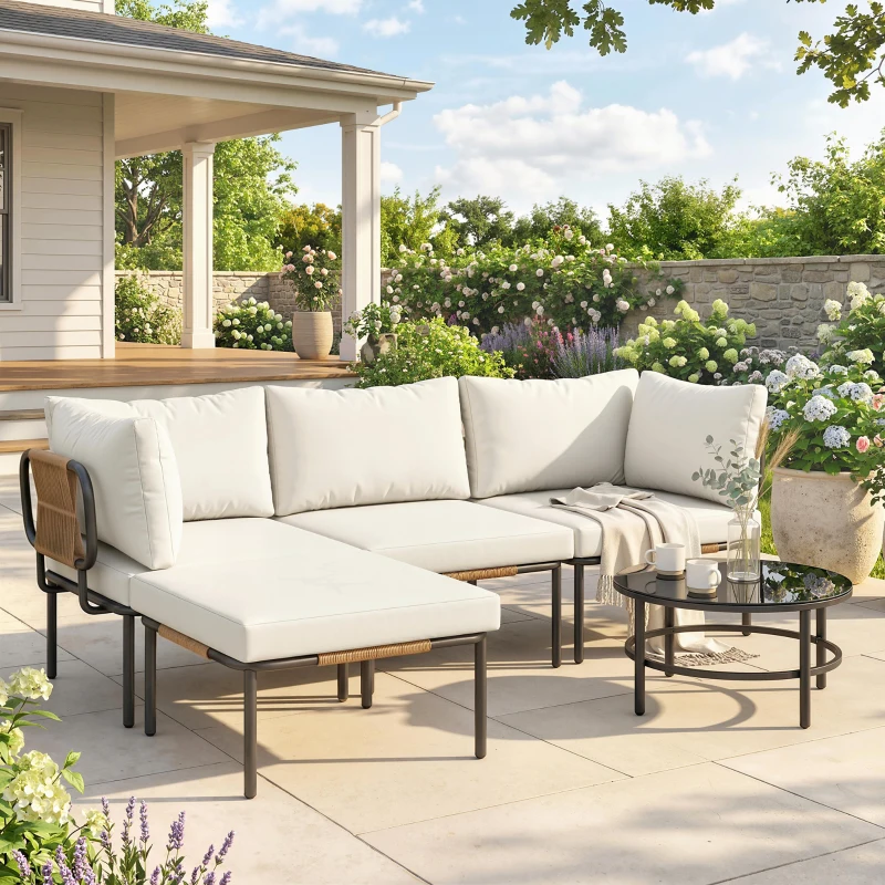 Outsunny Ensemble Jardin 5 Pièces, Rotin Modulable en L avec Coussins, Couleur Kaki