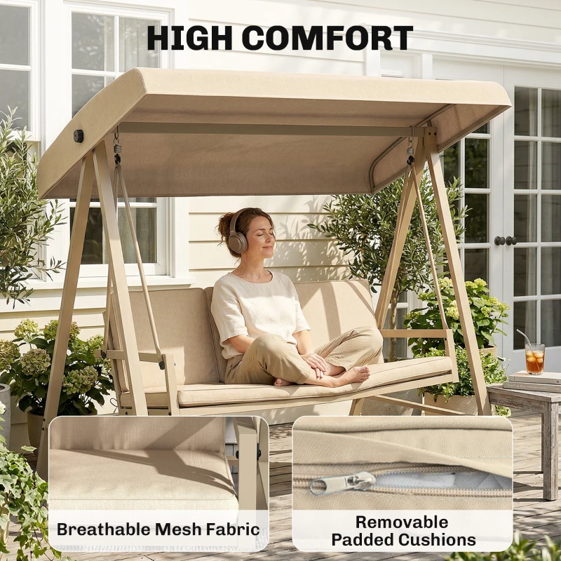 Outsunny Three-Seat Garden Swing Chair, with Adjustable Canopy - Beige