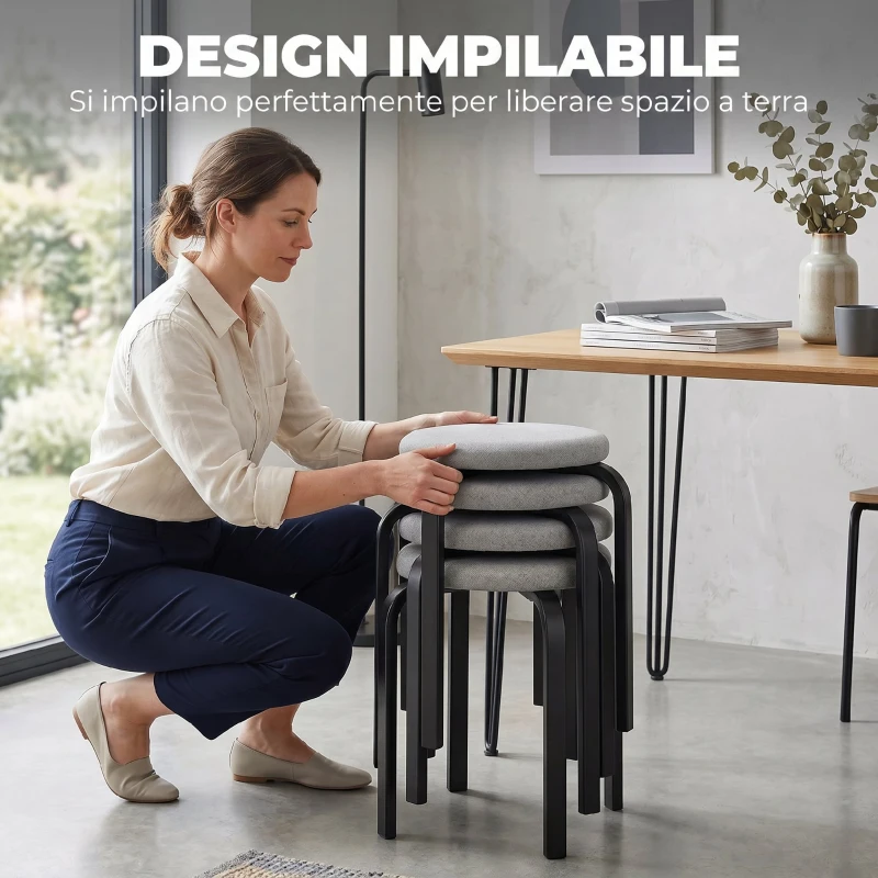 Set di 4 Sgabelli Impilabili HOMCOM Moderni con Cuscino Tondi, Grigio