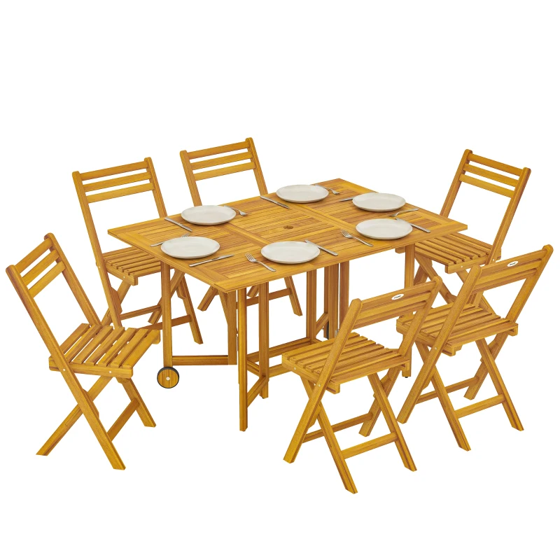 Outsunny 7 Pieces Garden Dining Set, Extending Dining Table and 6 Folding Chairs with Umbrella Hole for Patio, Natural Wood