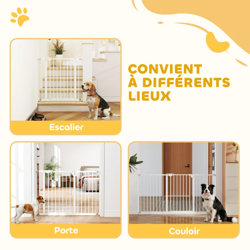 PawHut Barrière de sécurité animaux porte fermeture automatique système de double verrouillage sans perçage 3 extensions blanc(m-8)