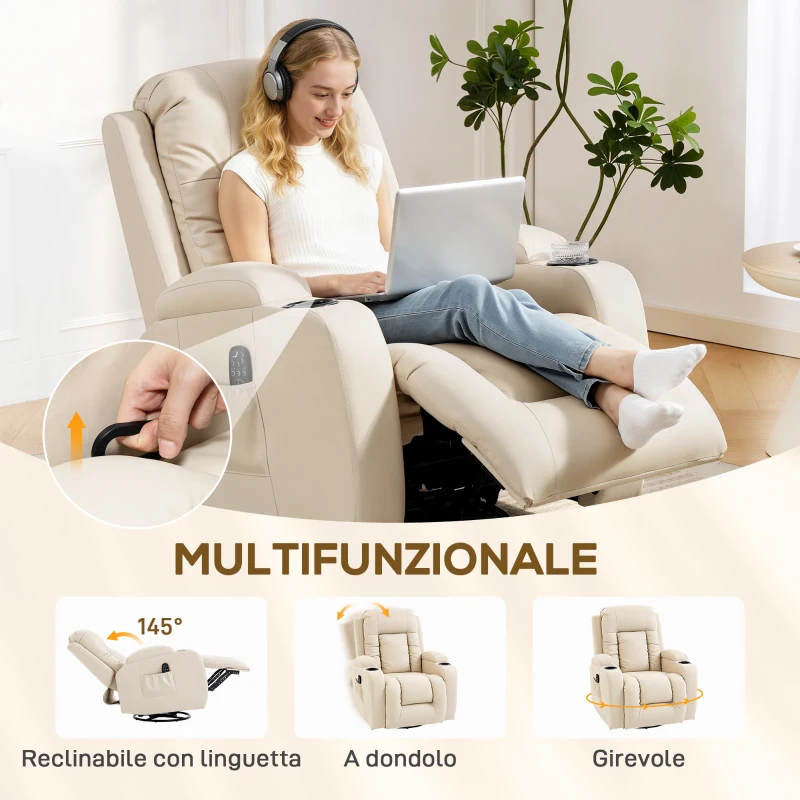 HOMCOM Poltrona Reclinabile Massaggiante e Riscaldata, 8 Punti Massaggio e 3 Modalità con Telecomando, Pelle PU, Crema