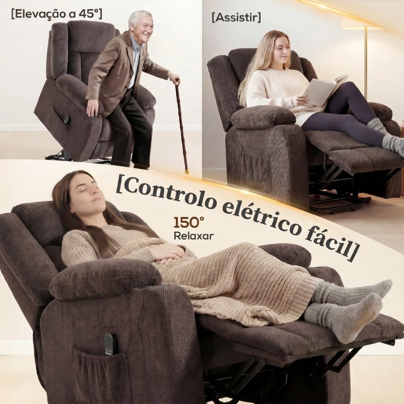 HOMCOM Poltrona Relax Reclinável Elétrica Elevatória com Porta USB Controlo Remoto Assento Largo Apoio para os Pés Castanho