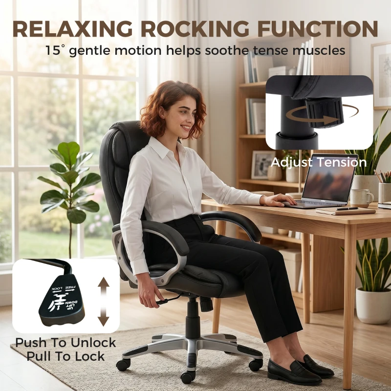 HOMCOM Scaun Birou Ergonomic Rotativ din Piele PU, Funcție Legănare, Înălțime Reglabilă, Capacitate 120kg, Negru