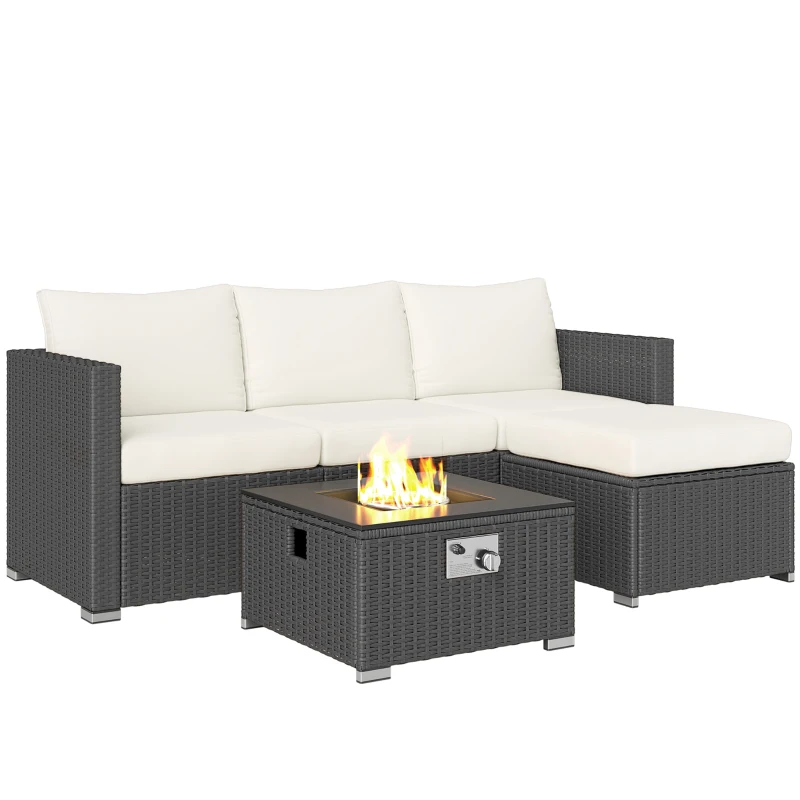Outsunny Five Piece Rattan Garden Furniture Set with Gas Fire Pit Table and Footstool - Black and Cream White