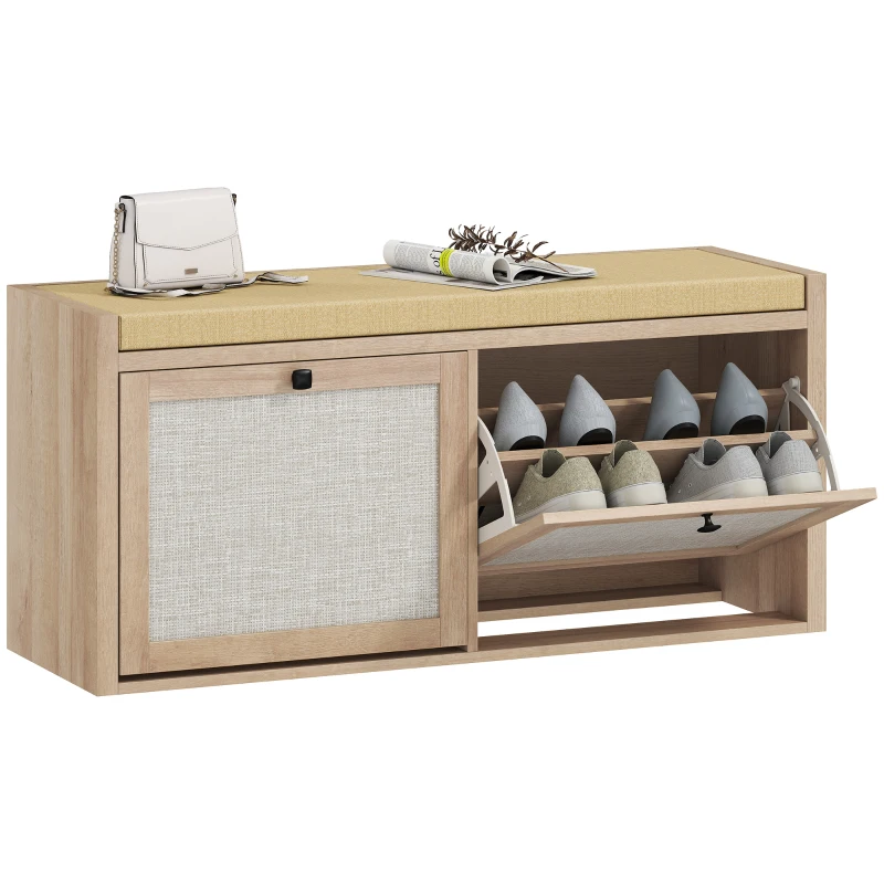 HOMCOM Rattan Shoe Bench with Padded Cushion and 2 Cabinets for Hidden Storage, Oak Wood Effect
