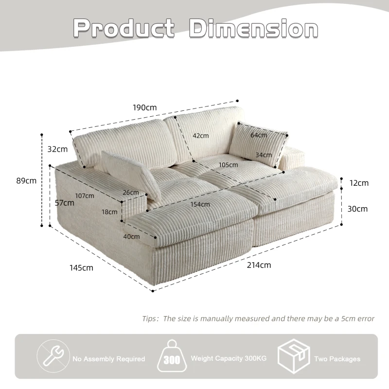 Doppelter Chaiselongue-Sessel für den Innenbereich, übergroße gepolsterte Cloud-Schlafcouch, luxuriöses Schlafsofa mit tiefem Sitz, Sofa-Chaiselongue mit Anbausofa, Lesesessel aus Cord für das Wohnzimmer, kein Zusammenbau erforderlich, weiß