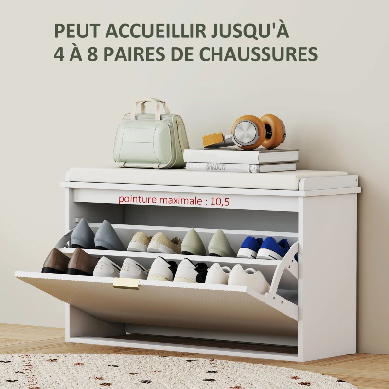HOMCOM Banc à chaussures avec coussin d'assise rembourré et tiroir rabattable pour couloir, chambre, 80 x 26 x 47,5 cm, blanc