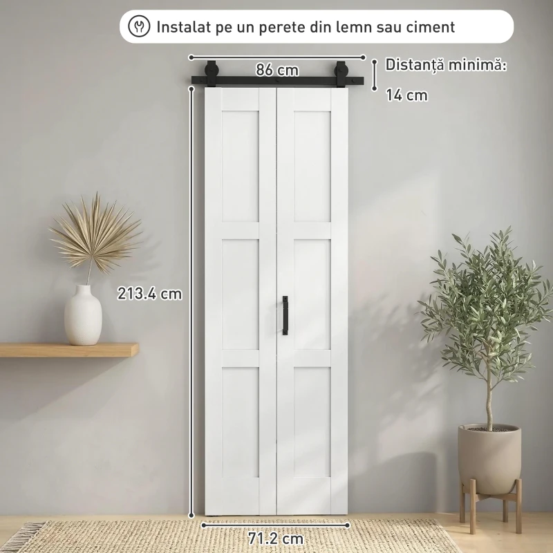HOMCOM Ușă Culisantă Pliabilă pentru Interior 71.2x213.4cm, Șină Silențioasă din Oțel, Mâner, Ghidaj, Role, Ușă de Interior Rustică, din MDF și Lemn de Pin, Impermeabilă, pentru Bucătărie, Baie