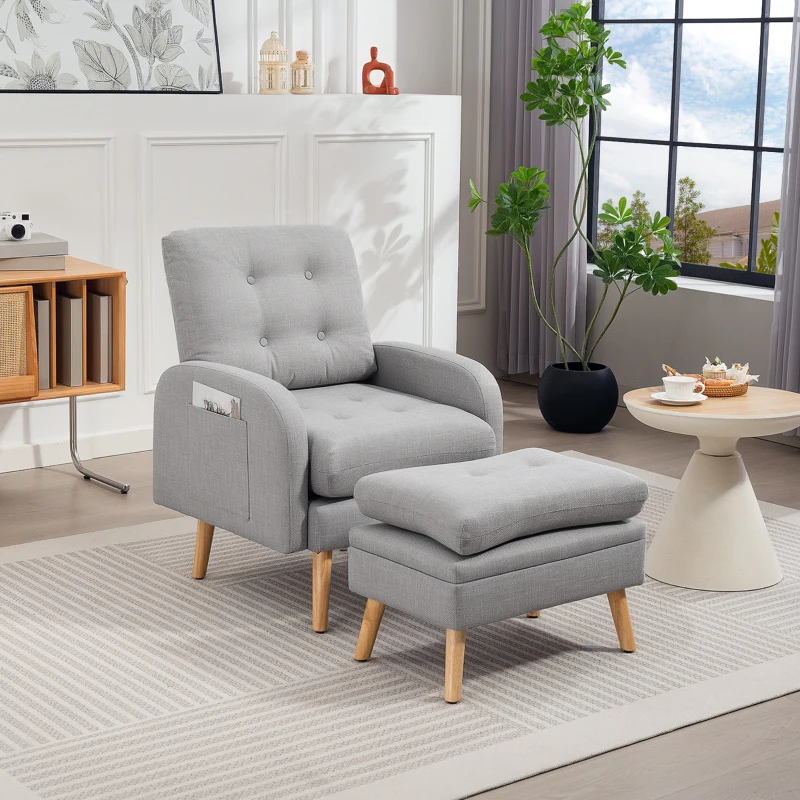 HOMCOM Fauteuil de relaxation avec repose-pied fauteuil TV avec coussins capitonné en tissu lin 68,5 x 73,5 x 90 cm gris clair